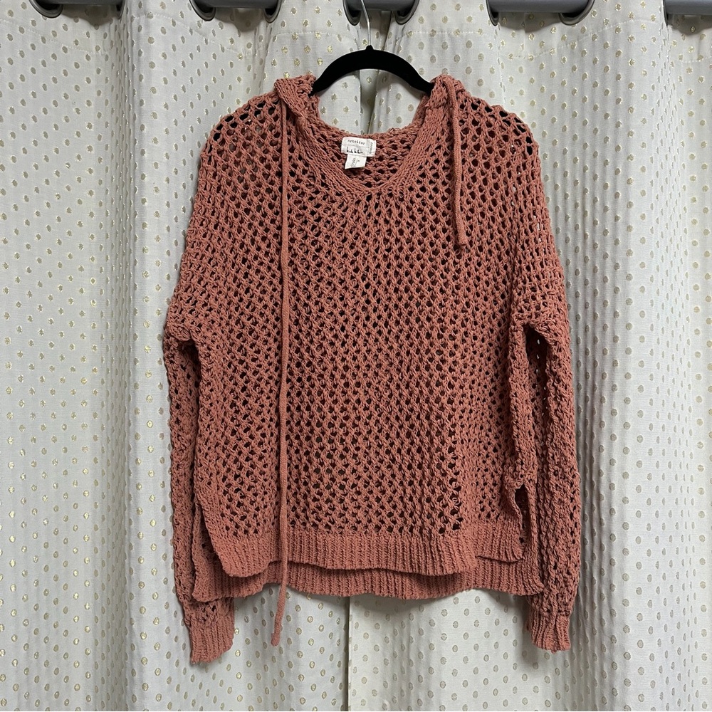 Nicole Miller Artelier Crochet Knit Hoodie Sweater in an Orange Rust